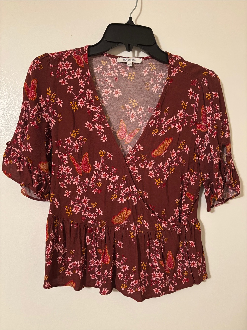 Madewell Burgundy Floral Butterfly Wrap Top